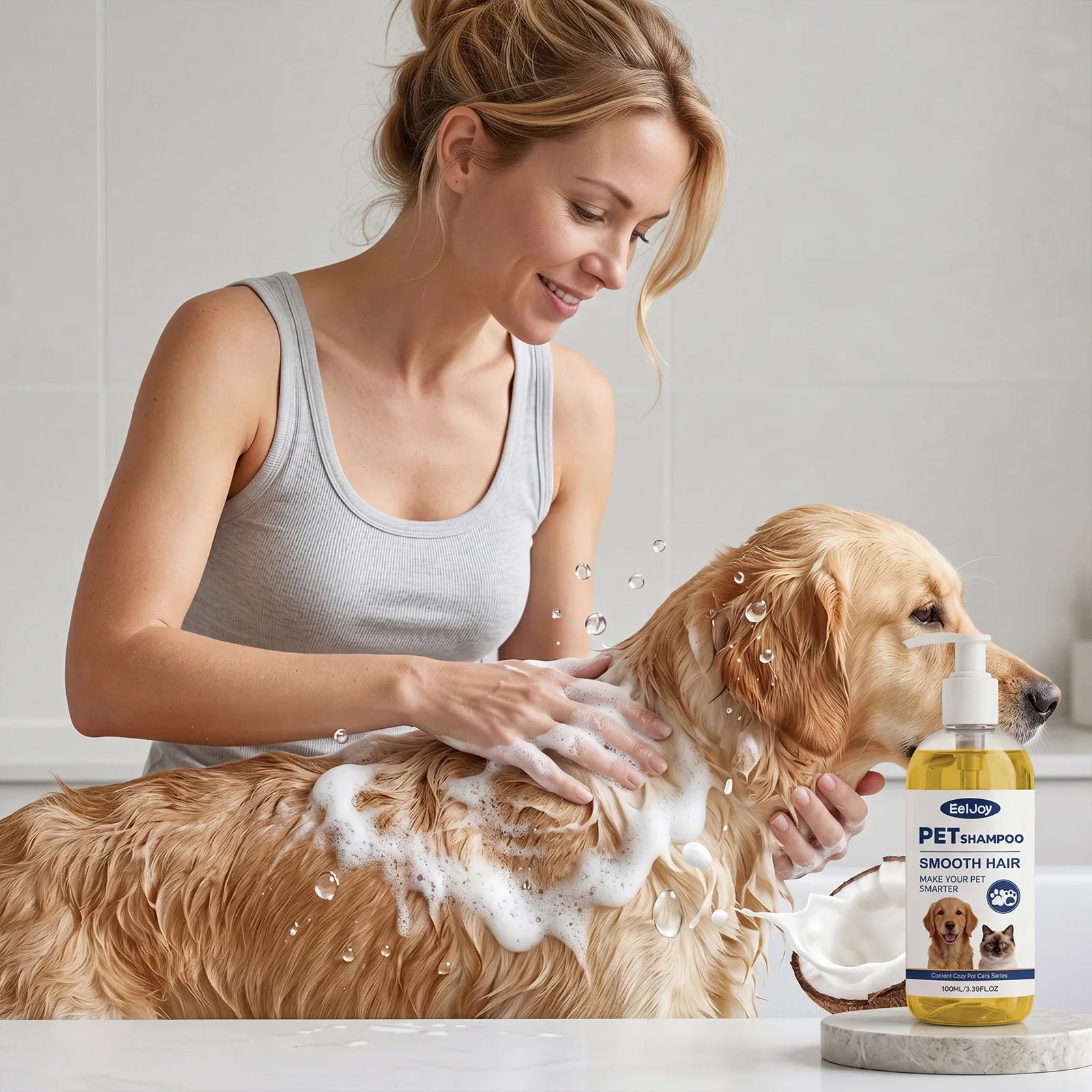 Woman bathing dog with moisturizing pet shampoo for sensitive skin, gentle pH-balanced pet cleaning shampoo for dryness and dirt removal