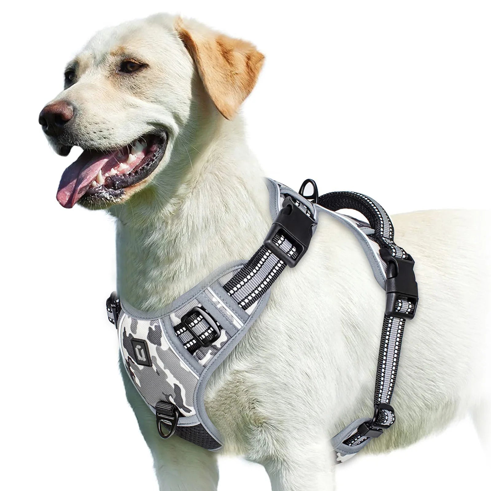 No Pull Dog Harness, Adjustable Soft Padded Pet Vest with Easy Control Handle on a happy labrador.