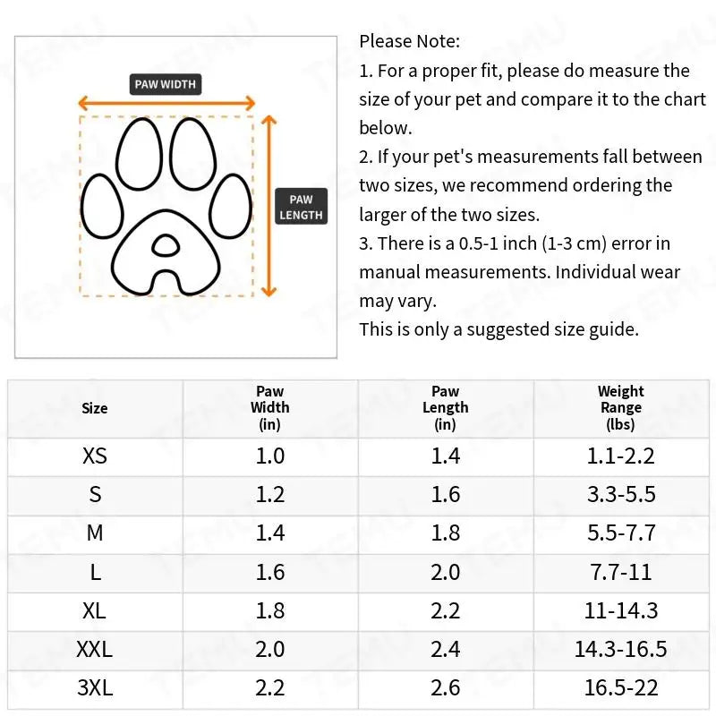 Water-resistant dog shoes for small dogs size guide with paw width and length chart for proper fit
