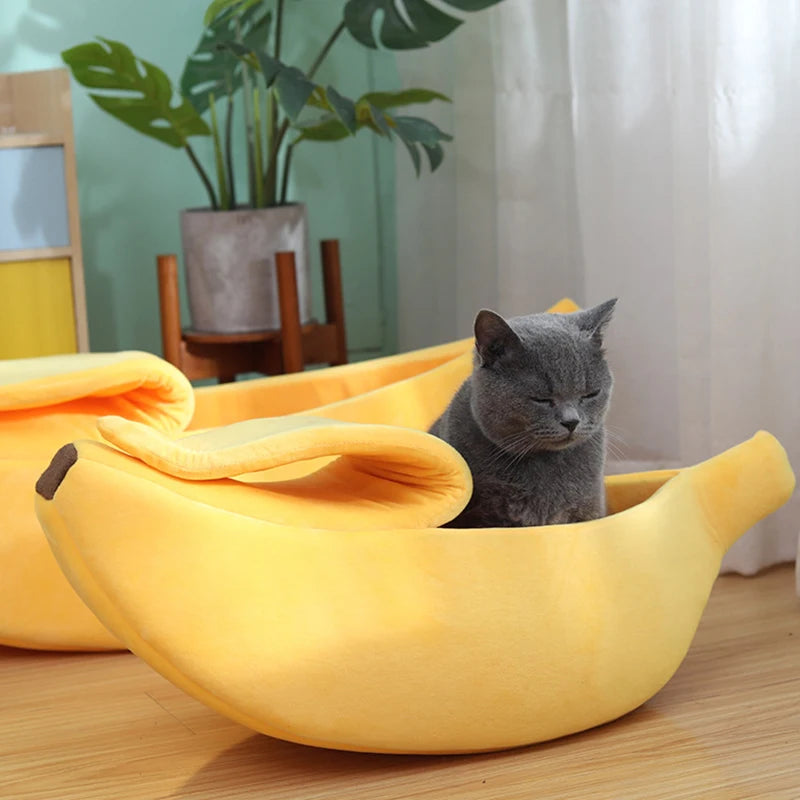 banana cat bed for cozy indoor cats, soft plush banana-shaped pet bed for kittens and small pets