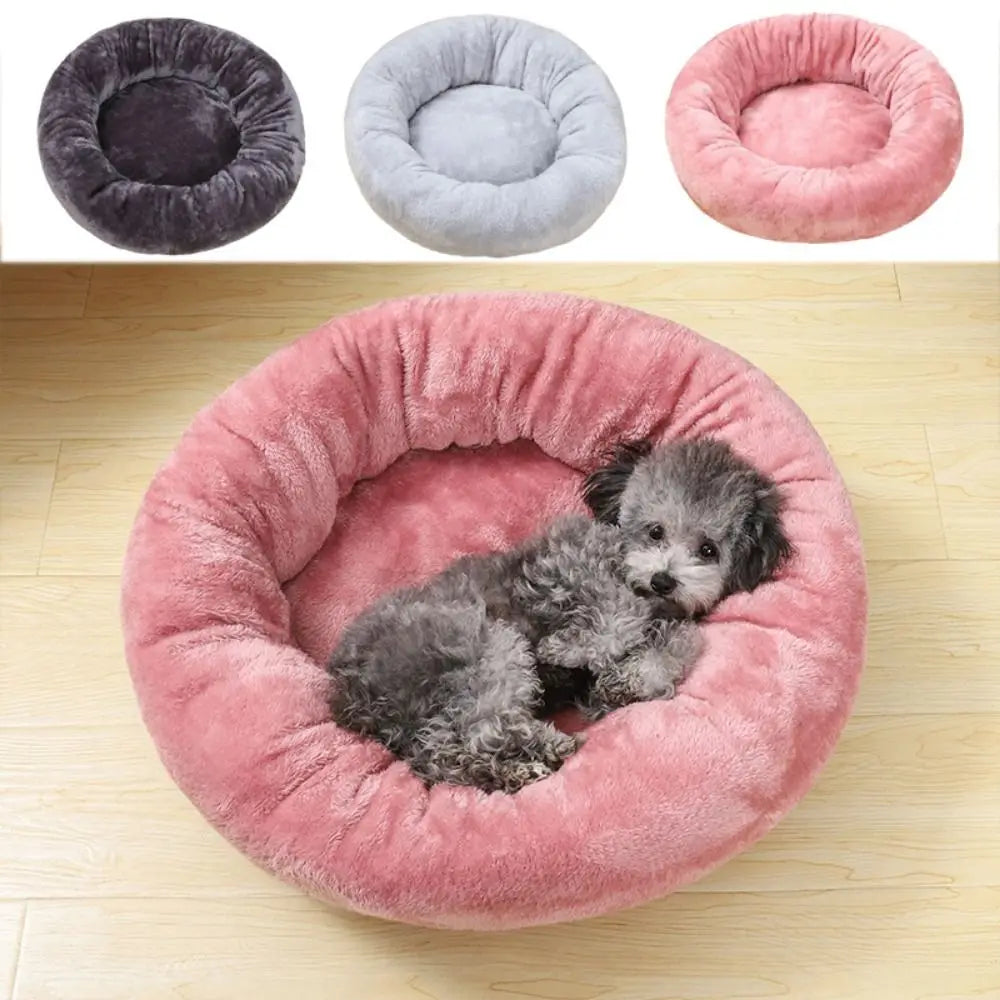 Pink donut dog bed with plush round cushion, washable pet bed for small dogs and cats, cozy puppy and kitten sleeping nest