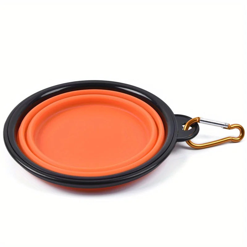 Portable orange silicone portable dog travel bowl with carabiner, foldable pet food and water bowl for outdoor walking