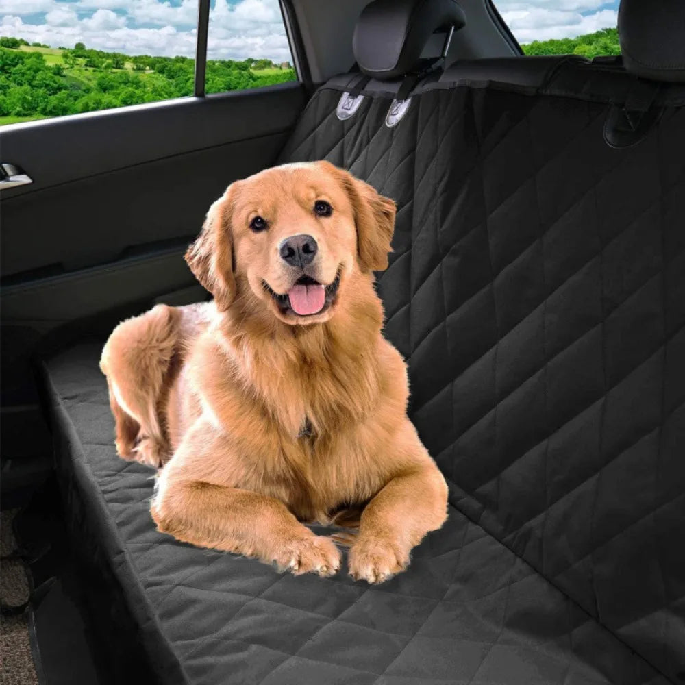 golden retriever on waterproof dog car seat cover in back seat, quilted pet travel protector with armrest opening