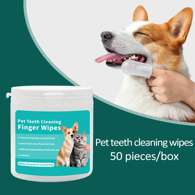Pet teeth cleaning finger wipes for dogs and cats, 50 count container, dog being cleaned