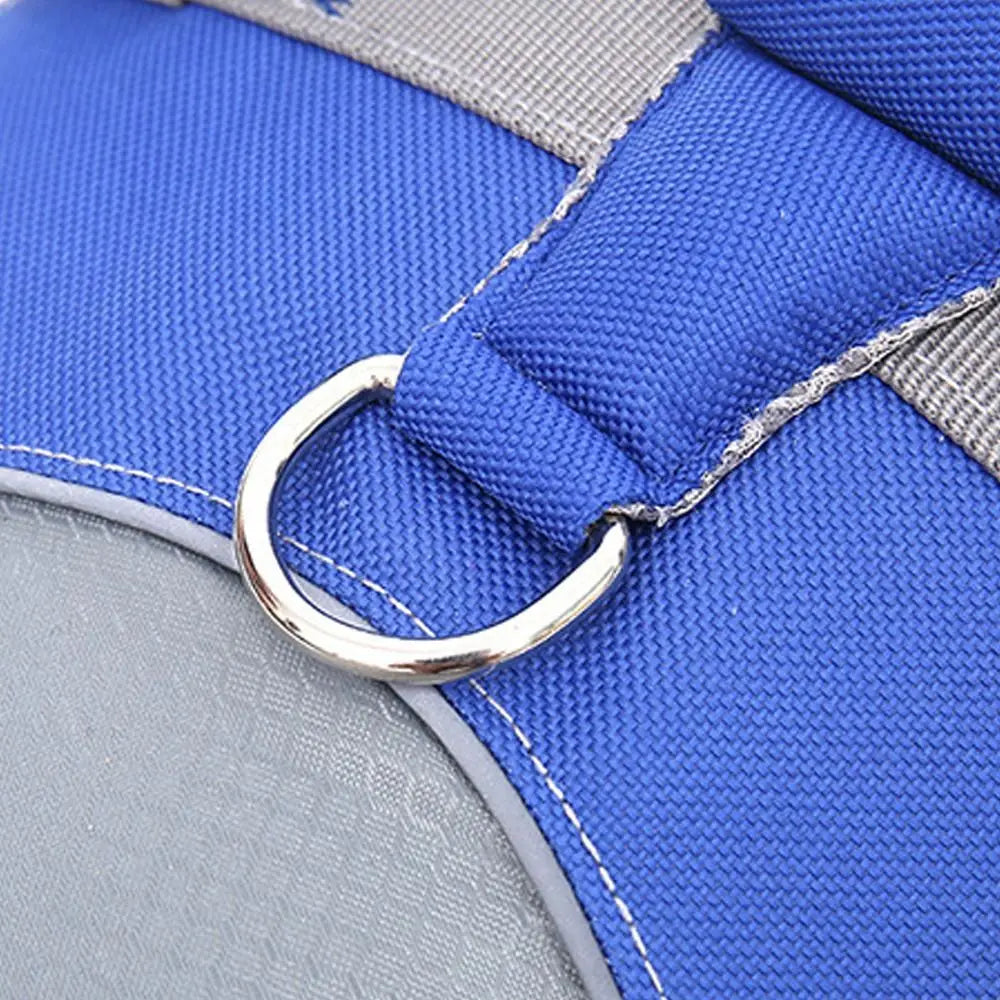Reflective dog life jacket blue oxford cloth with sturdy metal D-ring and adjustable safety strap
