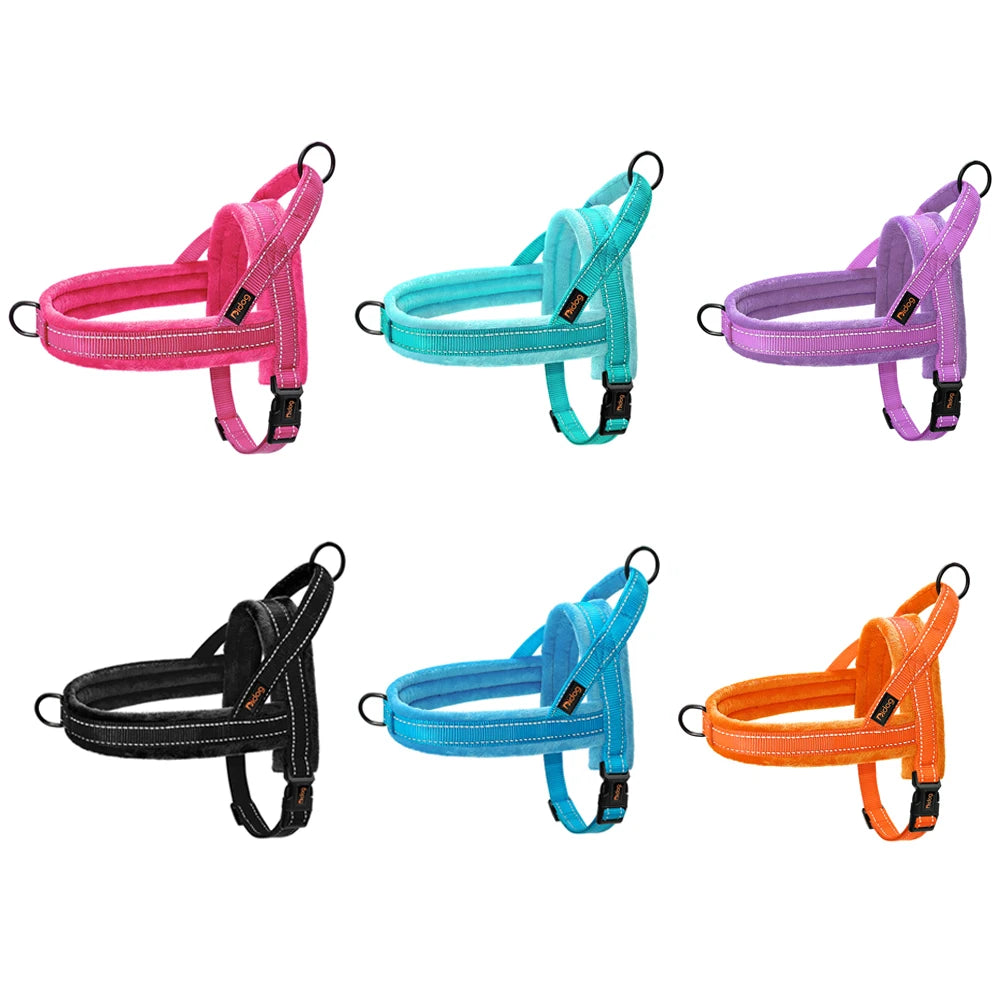 winter dog harness set in pink, teal, purple, black, blue, and orange, soft padded reflective vest for dogs