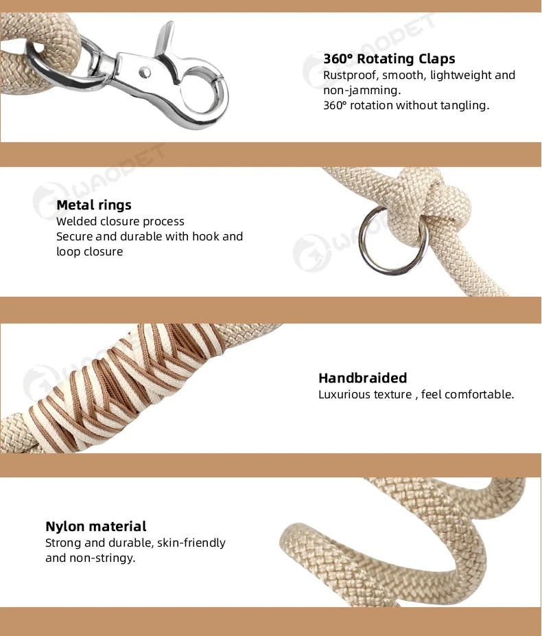 hands free dog leash with 360° rotating clasp, metal rings, braided nylon, and secure quick-release design for medium and large dogs