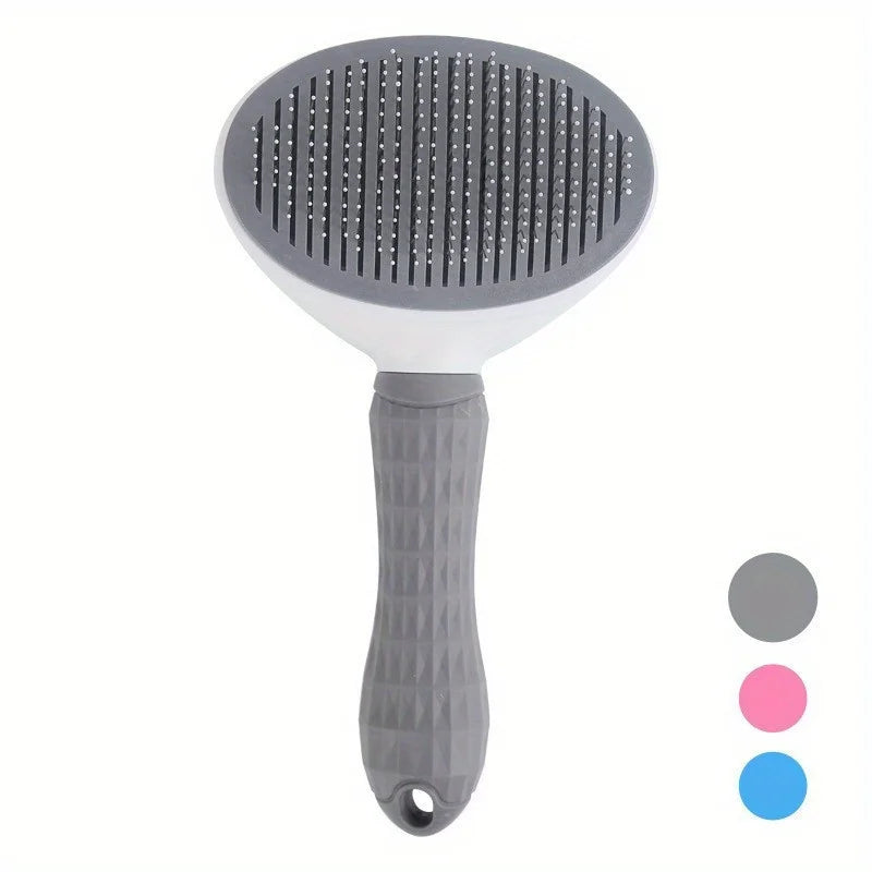 Gray self-cleaning pet hair removal brush fine-needle comb for dogs and cats, automatic slicker brush with ergonomic handle