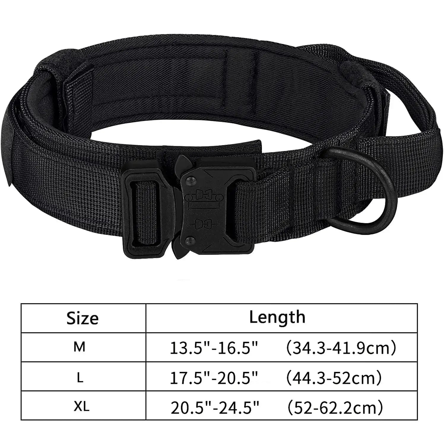 Black tactical dog leash collar with quick release buckle, padded nylon design, and size chart for medium to large dogs