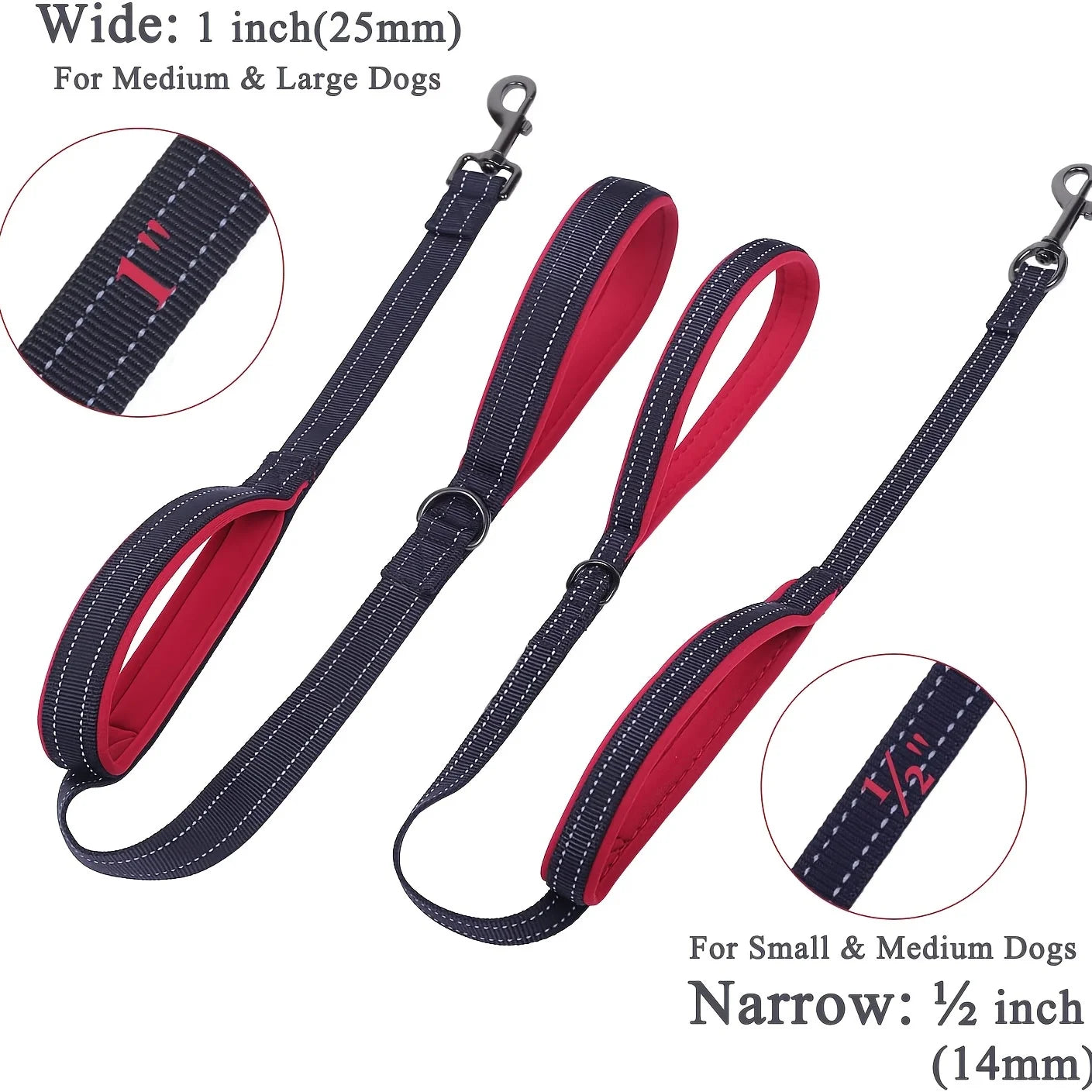 heavy duty double handle dog leash for medium and large dogs, dual handle control, padded training lead, 1 inch wide
