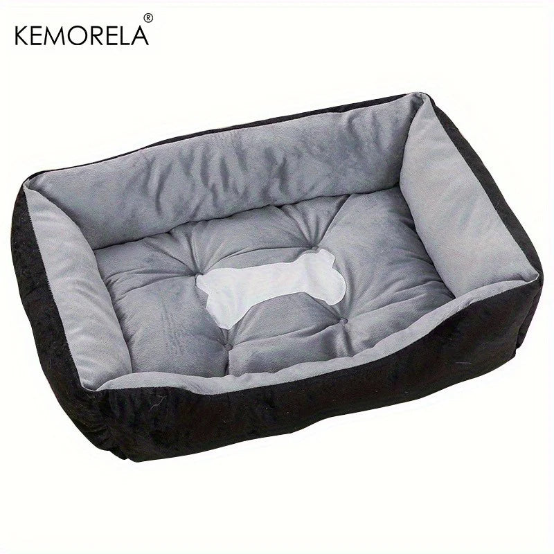 Orthopedic plush dog bed with bone-shaped center, soft gray and black support bed for small to large dogs
