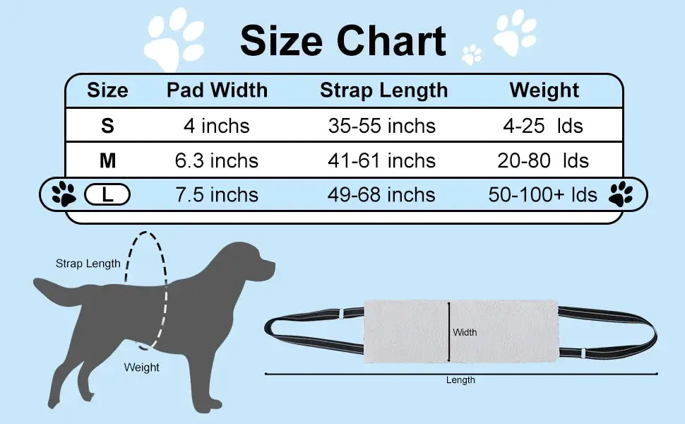 Size chart for Dog Lift Harness Adjustable Dog Sling for Back Legs Support Rehab Harness for Weak Rear Legs Pet Aid Assist Tool For Elderly Dog.