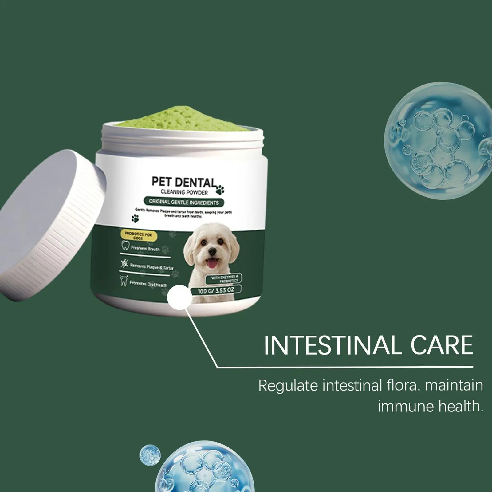 dog teeth cleaning powder for oral care, helps freshen breath and support cleaner teeth for dogs