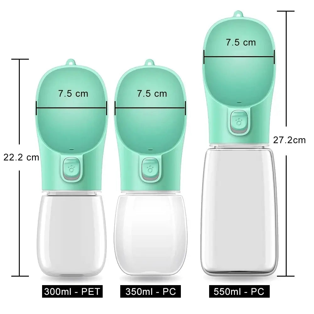 Portable dog water bottle for small and large pets, leakproof outdoor drinking bottle with 300ml, 350ml, and 550ml sizes