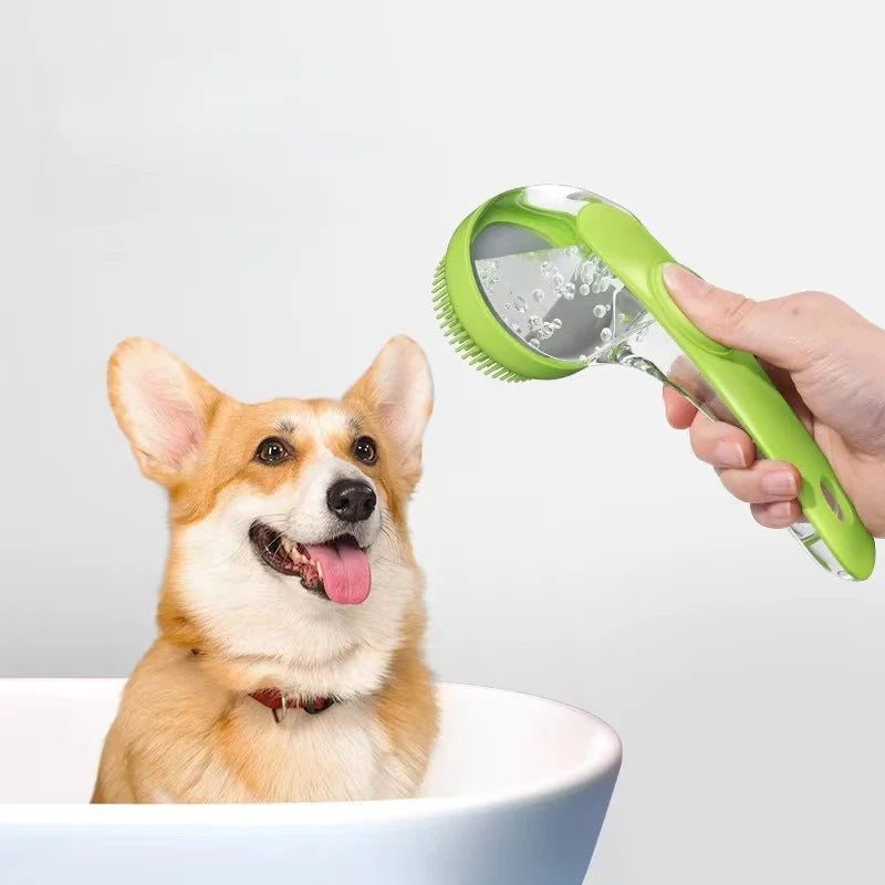 pet bath brush with shampoo dispenser for gentle dog grooming, soft silicone bristles and easy rinse cleaning