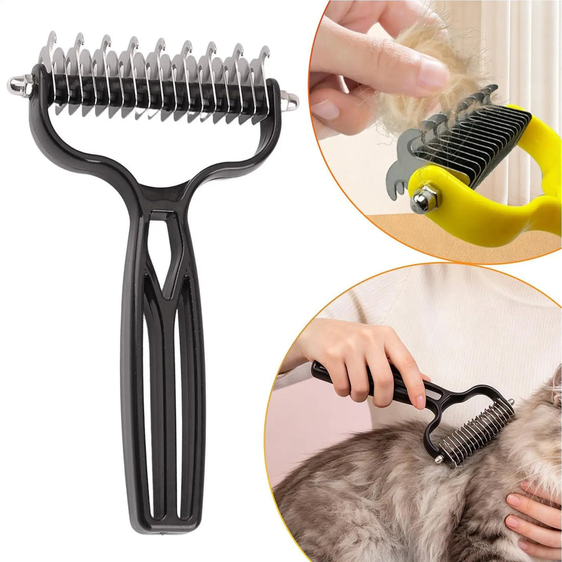 pet deshedding brush with stainless steel blade rake for removing loose fur and detangling dog and cat coats