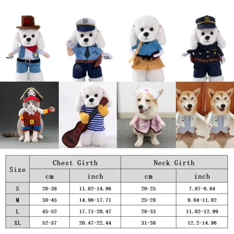 Cute dogs and a cat wearing funny costumes, dog clothing size chart below for chest and neck.