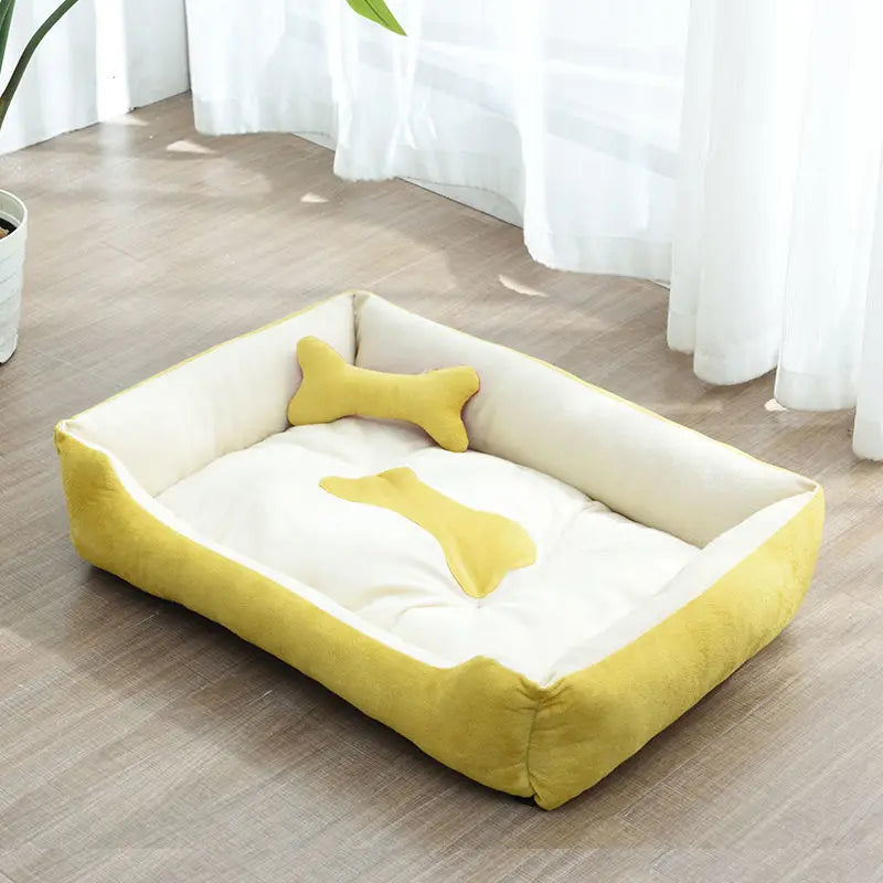 All-season pet bed house yellow breathable cotton dog kennel with bone print, soft washable sleeping pad for small to large pets