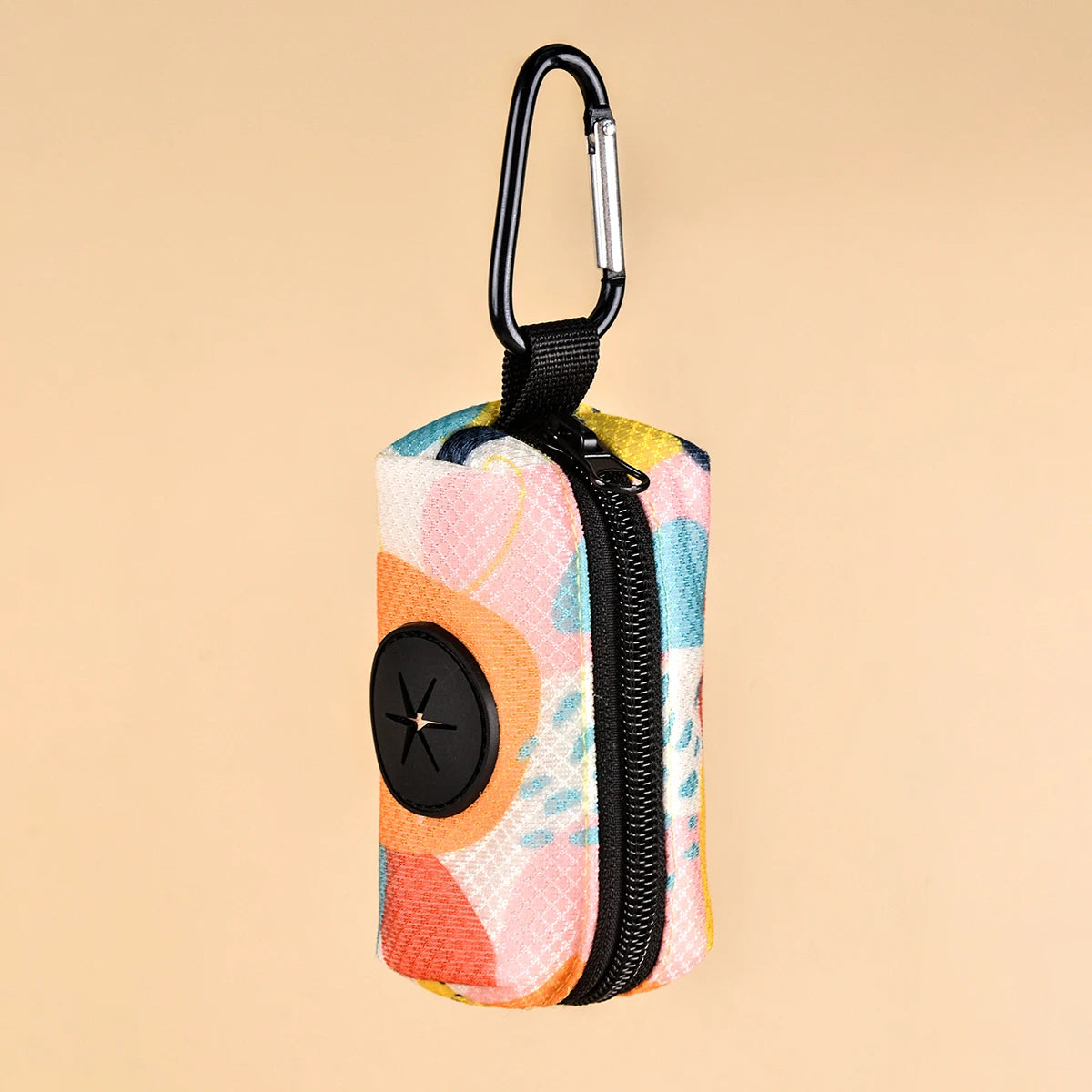 L size oil painting dog poop bag dispenser with leather strap clip, portable holder for dog waste bags