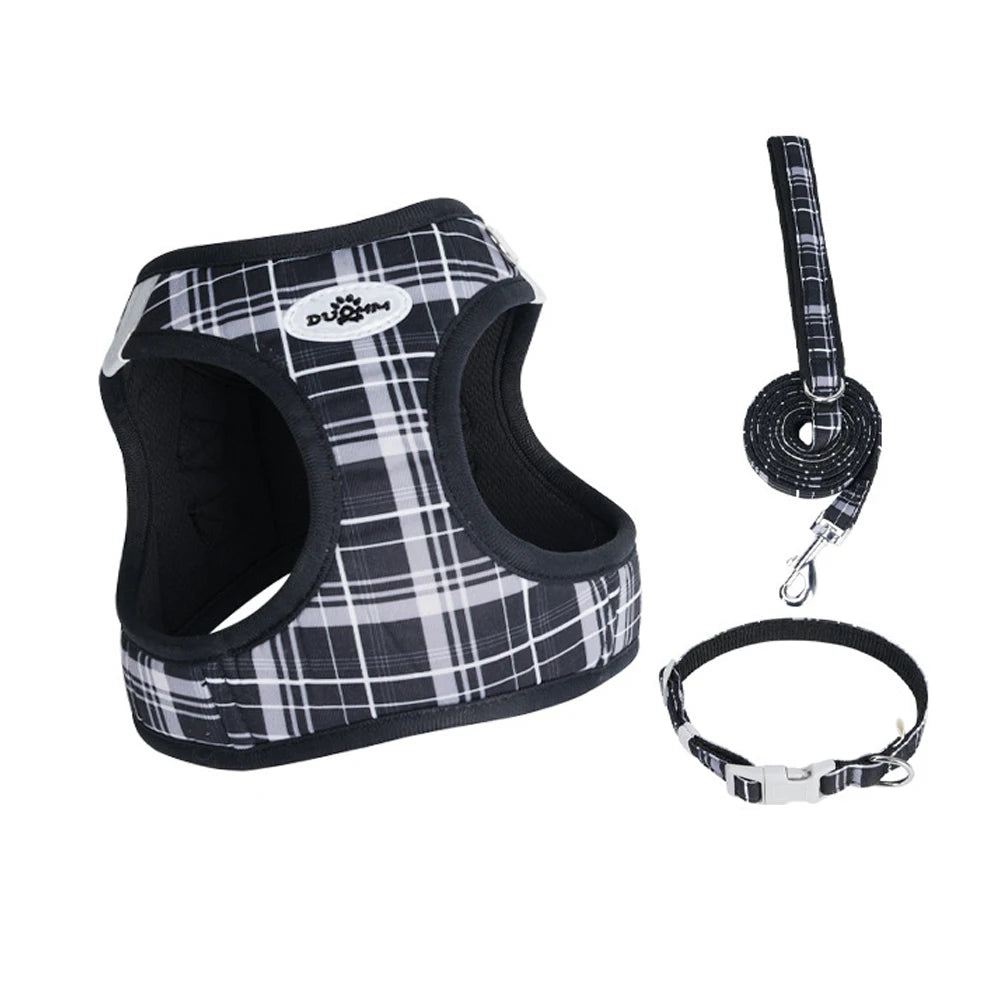 Plaid pet leash set in black A color, 3-piece adjustable nylon pet walking accessories with matching collar