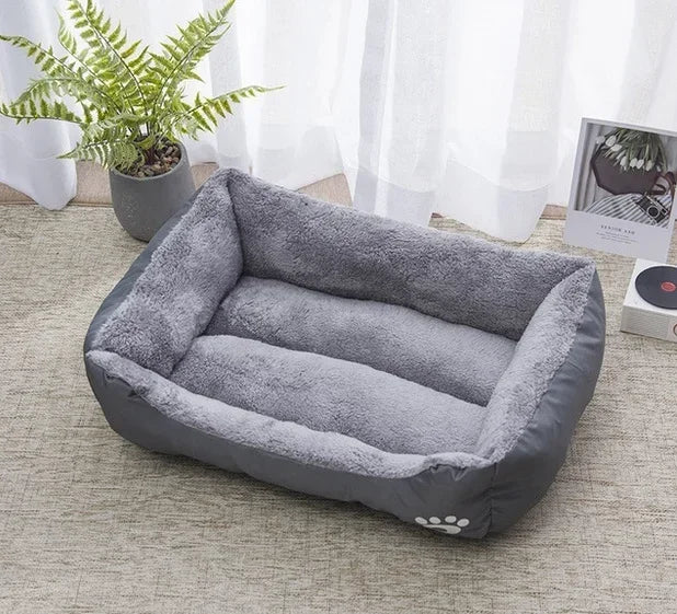 Large dog bed house plush gray square pet nest for small to large dogs, cozy washable indoor kennel