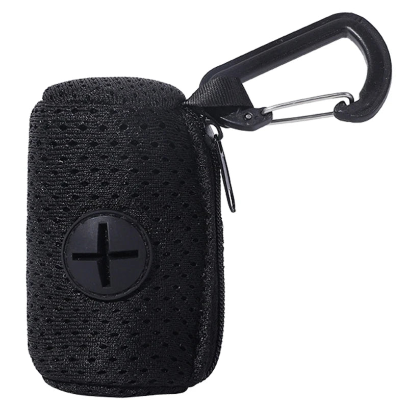Black dog poop bag holder with carabiner clip, durable pet waste bag dispenser for dog walking