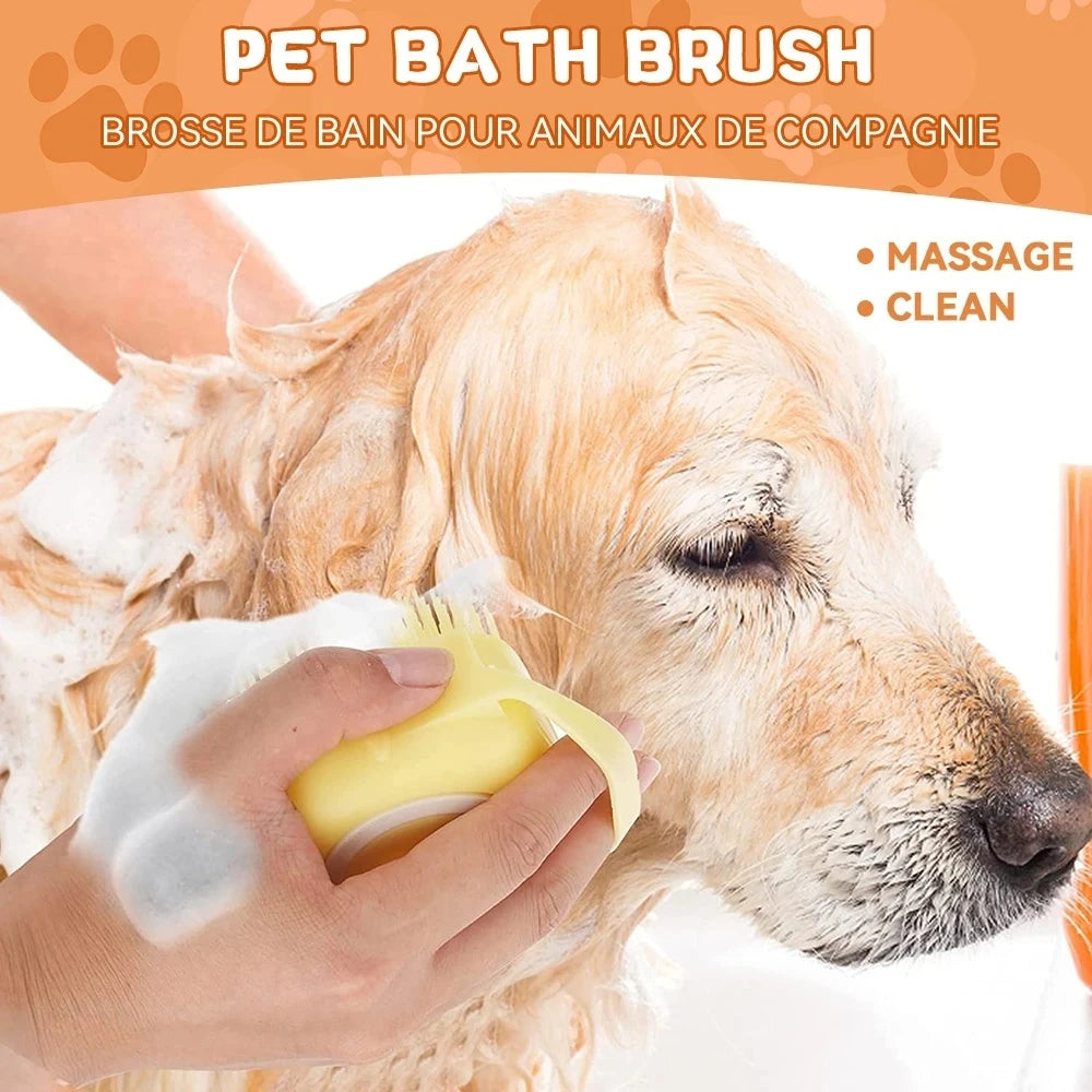 dog bathing brush with shampoo dispenser for pet grooming, massaging rubber bristles, easy soap dispensing, ideal for dogs and cats