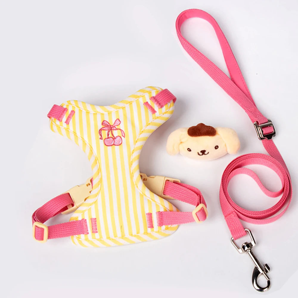 small dog harness leash set with cute plush doll, yellow striped adjustable vest harness and pink leash for puppies