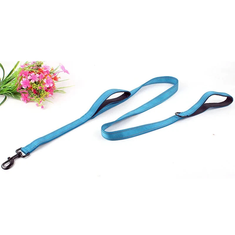 heavy duty double handle dog leash for outdoor travel and training, blue dual-handle leash for greater control and safety