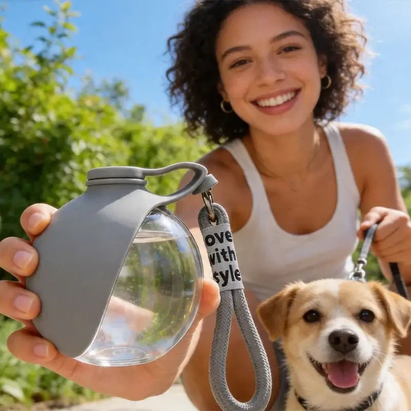 portable dog water bottle with lanyard for outdoor travel, shown held by a smiling woman with a dog
