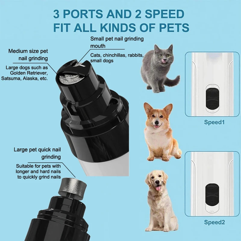 silent dog nail grinder with 3 ports and 2 speeds for dogs, cats, rabbits, and large pets