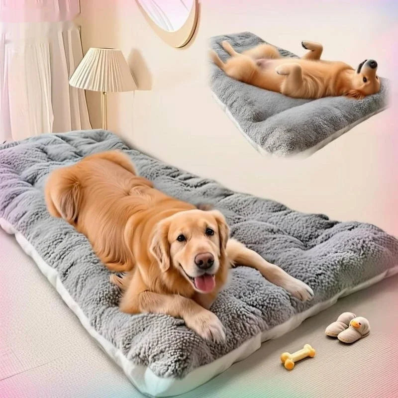 large winter dog bed mat for golden retriever, double-sided warm fleece sleeping pad, gray plush pet bed