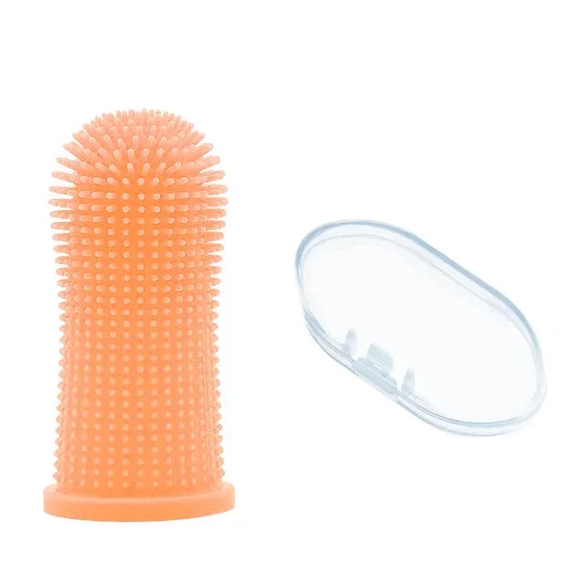 Orange silicone finger toothbrush for dogs with storage case, 360° pet teeth cleaning brush
