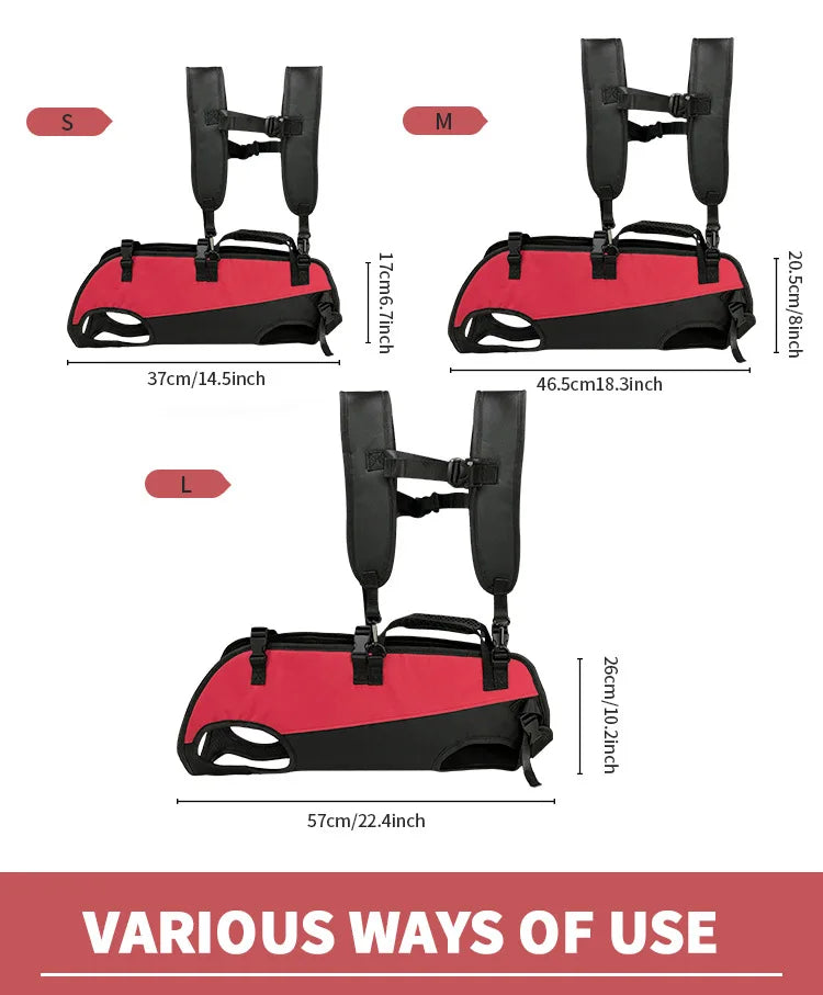 Dog backpack carrier for hiking and biking with adjustable belly support, breathable red design, sizes S M L