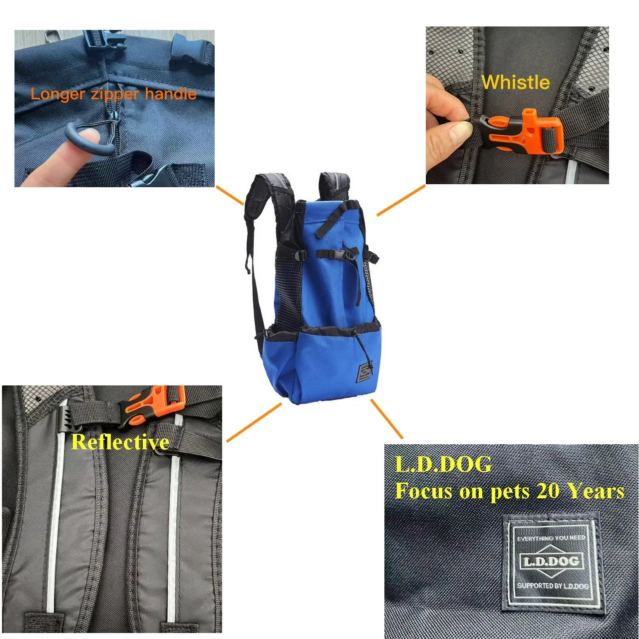 breathable dog carrier backpack for hiking with zipper handle, whistle, reflective strips, and durable pet travel design