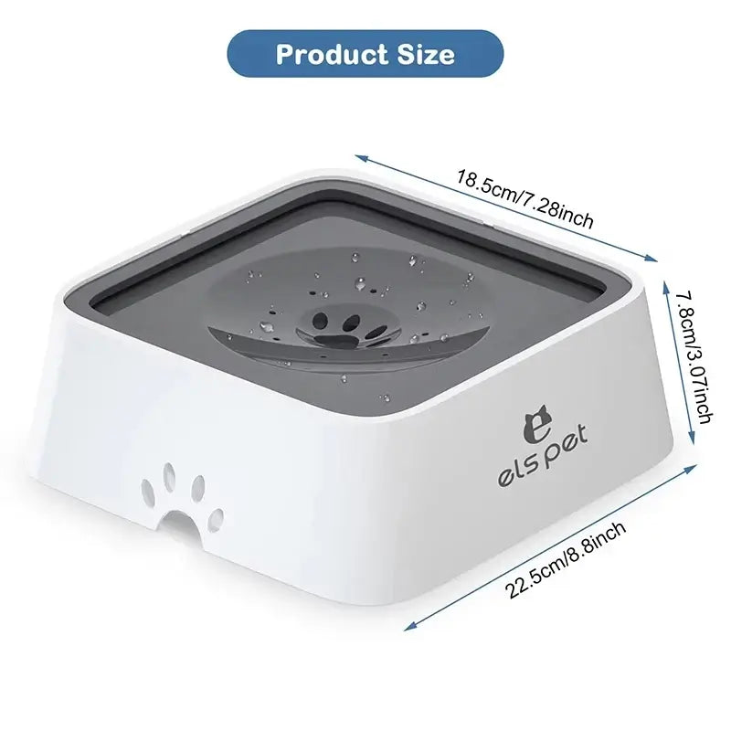 no-spill dog water bowl product size view with splash-proof design, 22.5cm x 18.5cm x 7.8cm