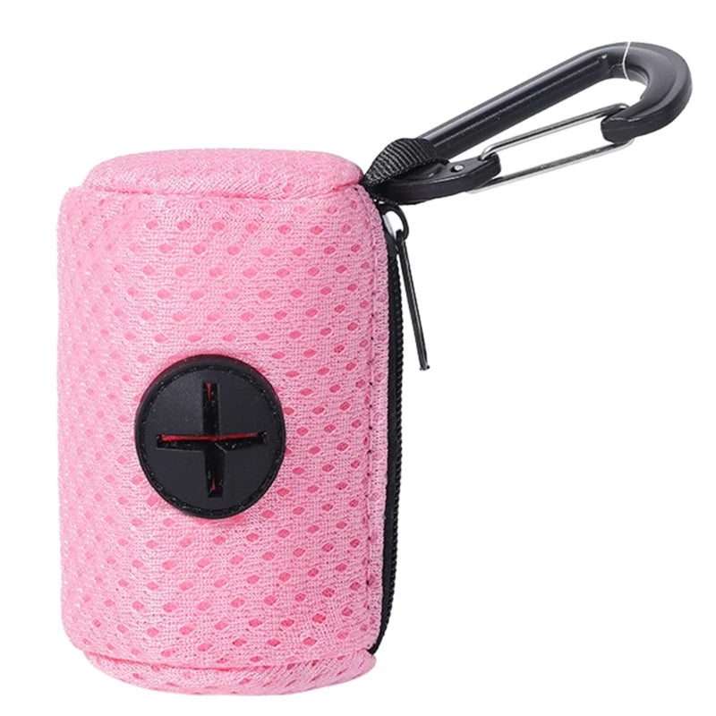 Pink dog poop bag holder with carabiner clip, durable pet waste bag dispenser for dog poop pickup and cleaning