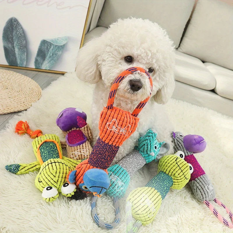 White puppy with squeaky corduroy dog toys, colorful bite-resistant plush chew toys for small and large dogs