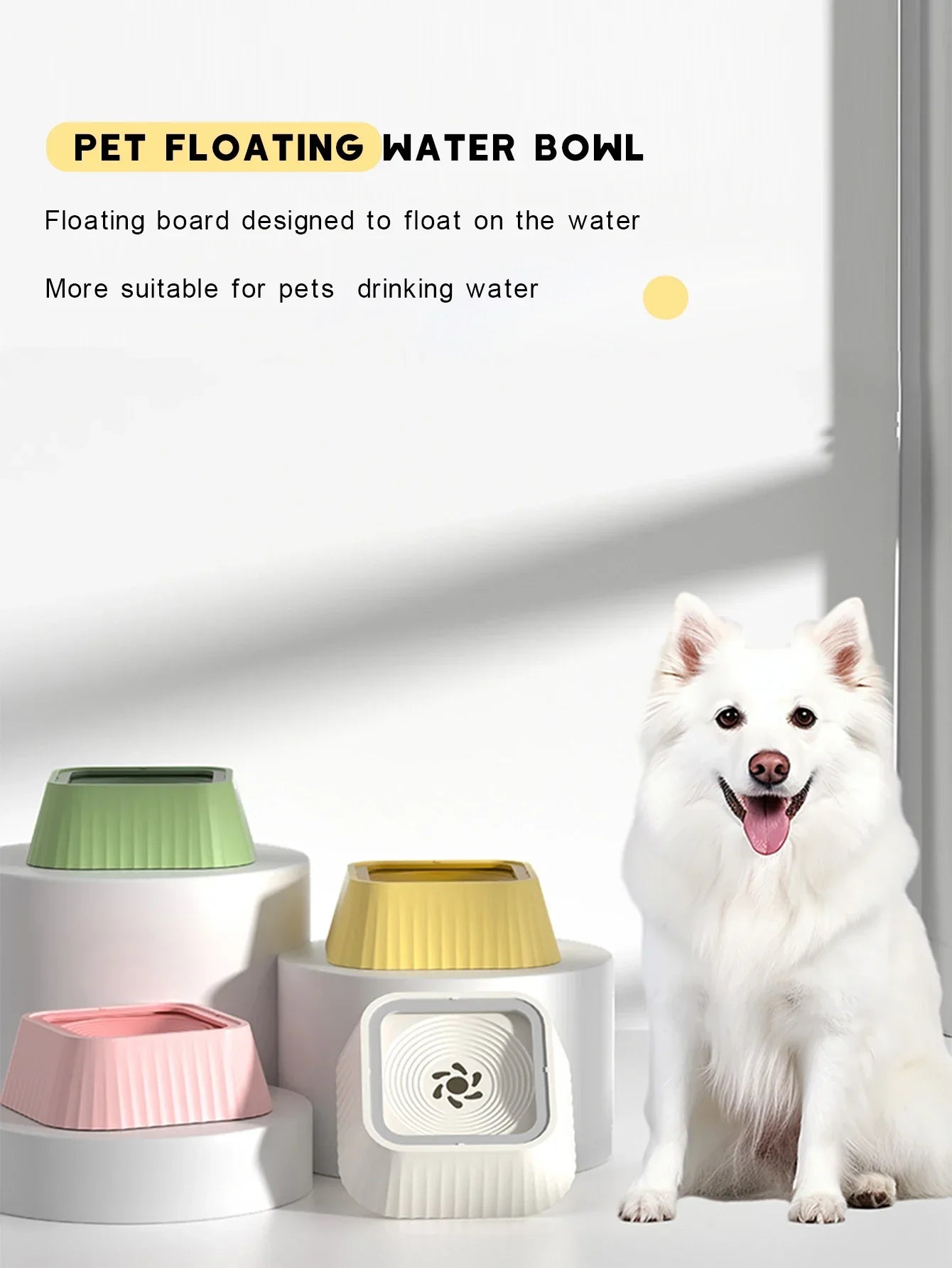 White fluffy dog sitting beside colorful pet floating water bowls for clean drinking water