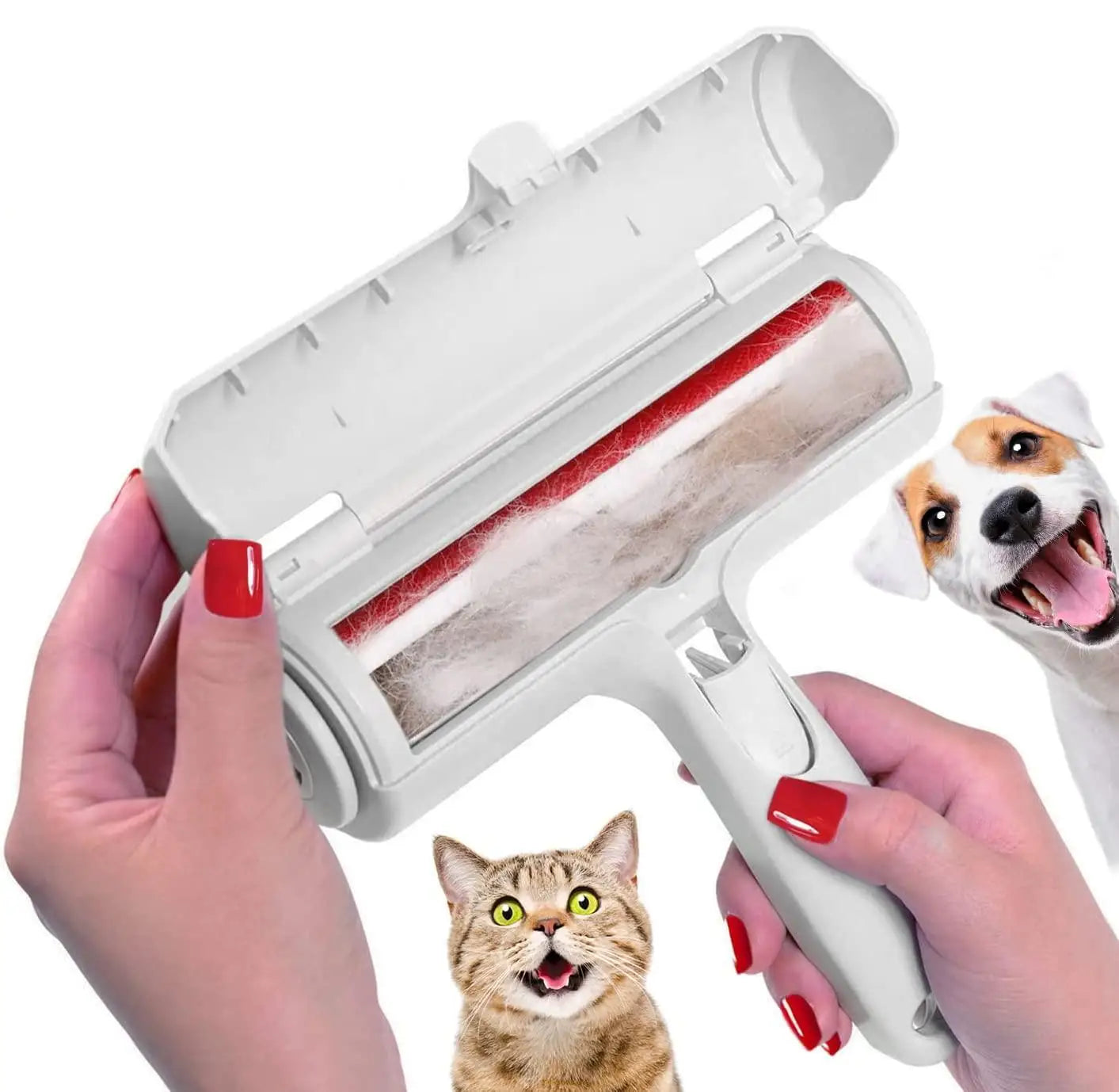 Self-cleaning pet hair remover roller for removing dog and cat fur from furniture and upholstery