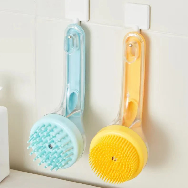 pet bath brush with shampoo dispenser for gentle grooming and cleaning, soft silicone long handle massage brush