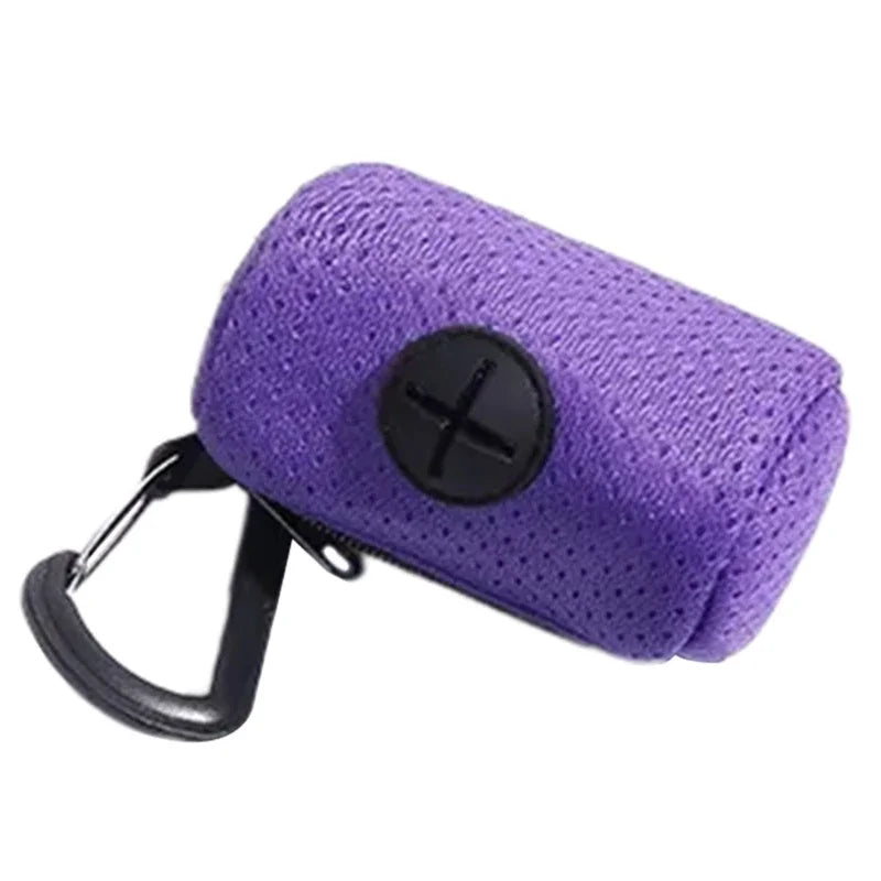 Purple dog poop bag holder with clip for easy pet waste bag storage and dispensing