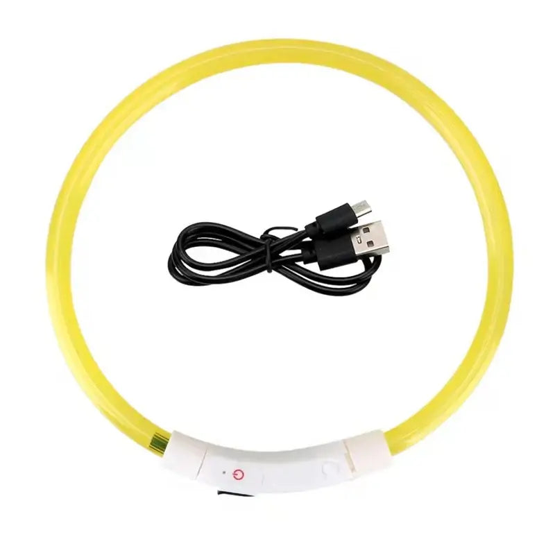 Led Usb Dog Collar Pet Dog Night Luminous Charge Collar Pet Accessorie with USB cable in vibrant yellow.