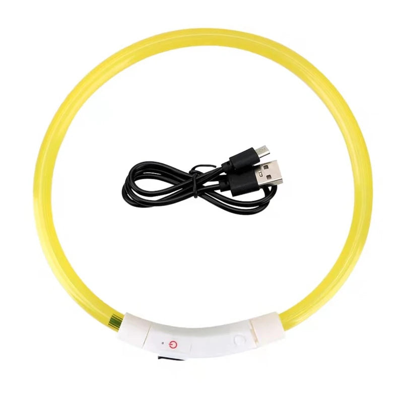 Led Usb Dog Collar Pet Dog Night Luminous Charge Collar Pet Accessorie with USB cable in vibrant yellow.