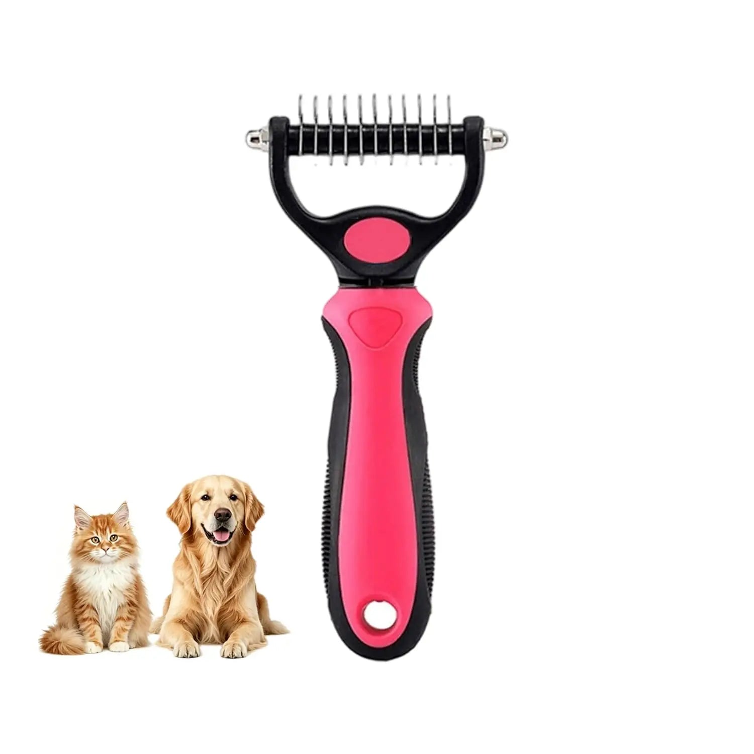 Pink M pet deshedding brush with dual-sided 9 and 17 teeth for dog and cat grooming, fur knot removal, and shedding control