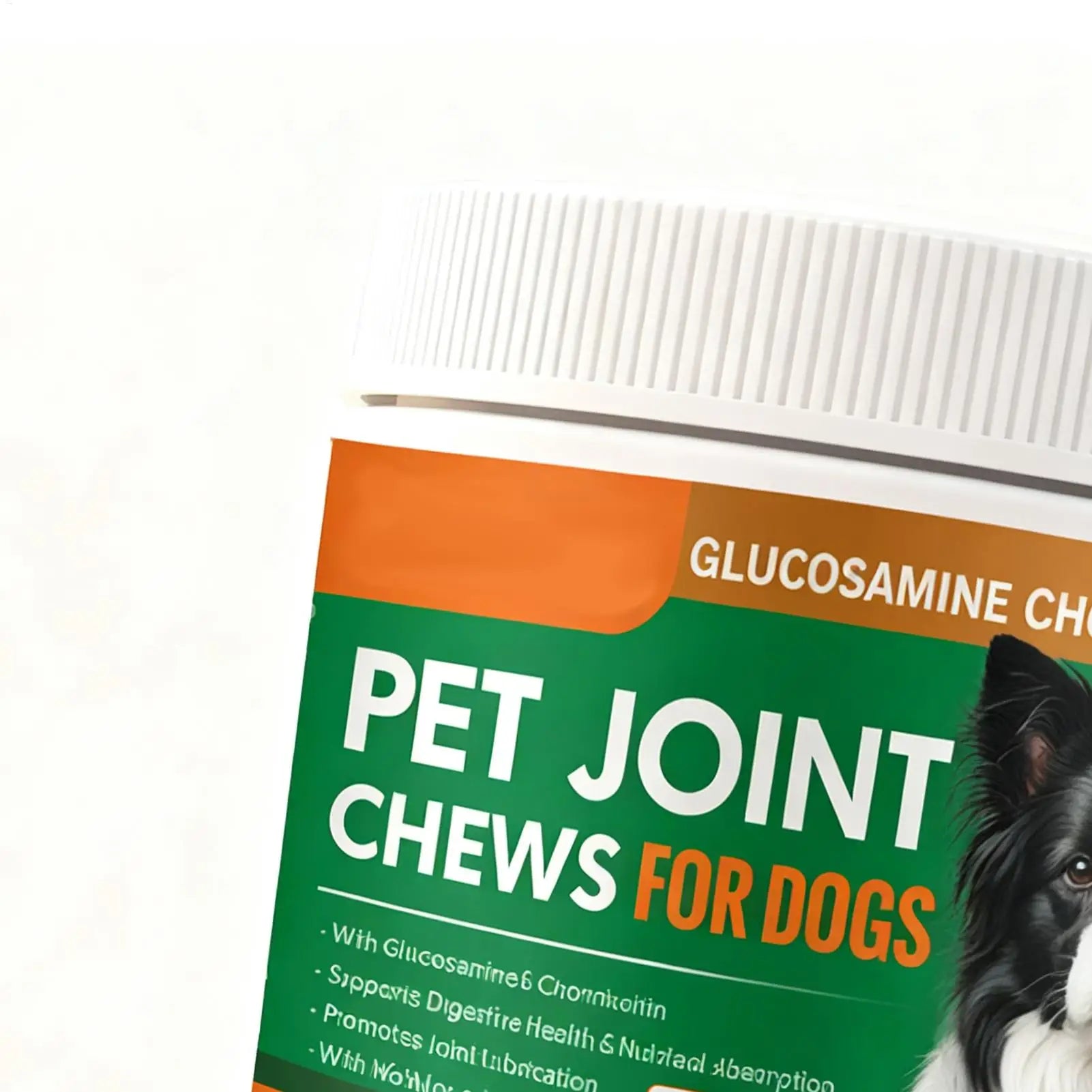 Pet joint chews for dogs container with glucosamine supplement label and dog image