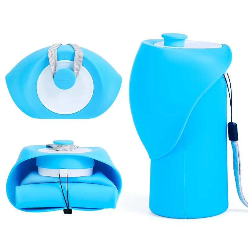 collapsible dog water bottle with drinking tray, portable leak-proof blue pet travel water dispenser for outdoor hydration
