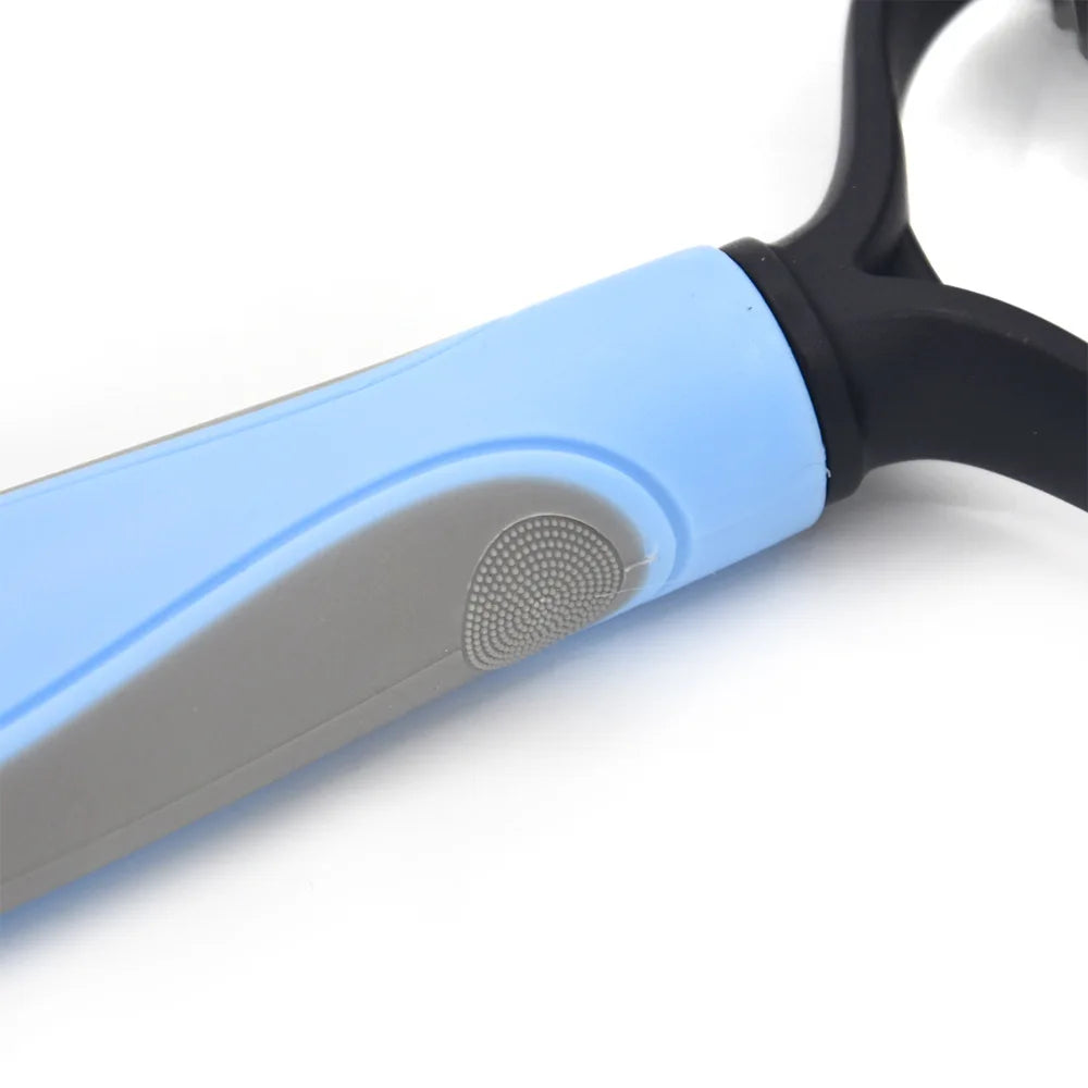 dog deshedding brush stainless steel pet grooming tool for removing loose fur and knots, blue handle