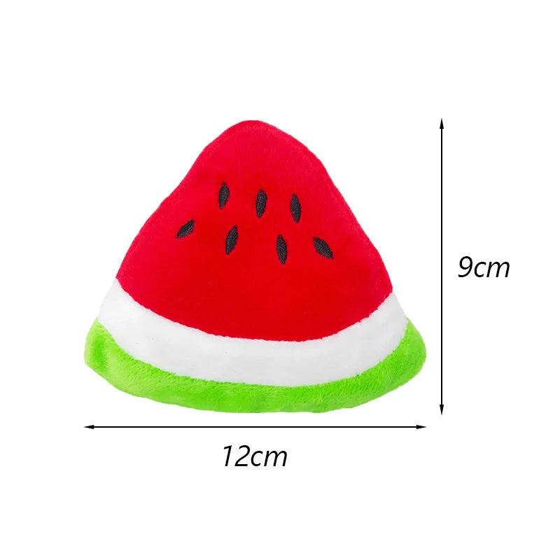 Watermelon plush squeaky dog chew toy for small and medium dogs, bite resistant fleece pet toy, 12cm x 9cm