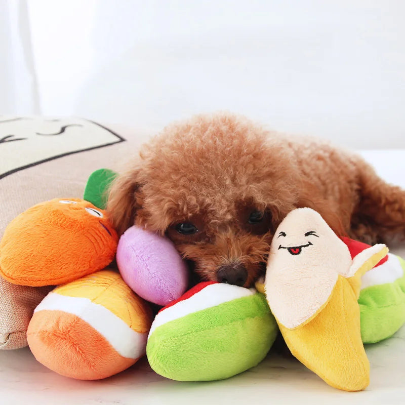 plush squeaky dog chew toy for small dogs, bite resistant plush fruit toys for puppies and cats